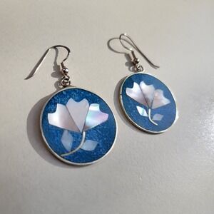 Vintage 925 Mexico Silver Earrings Blue Mother of Pearl Floral Inlay Round